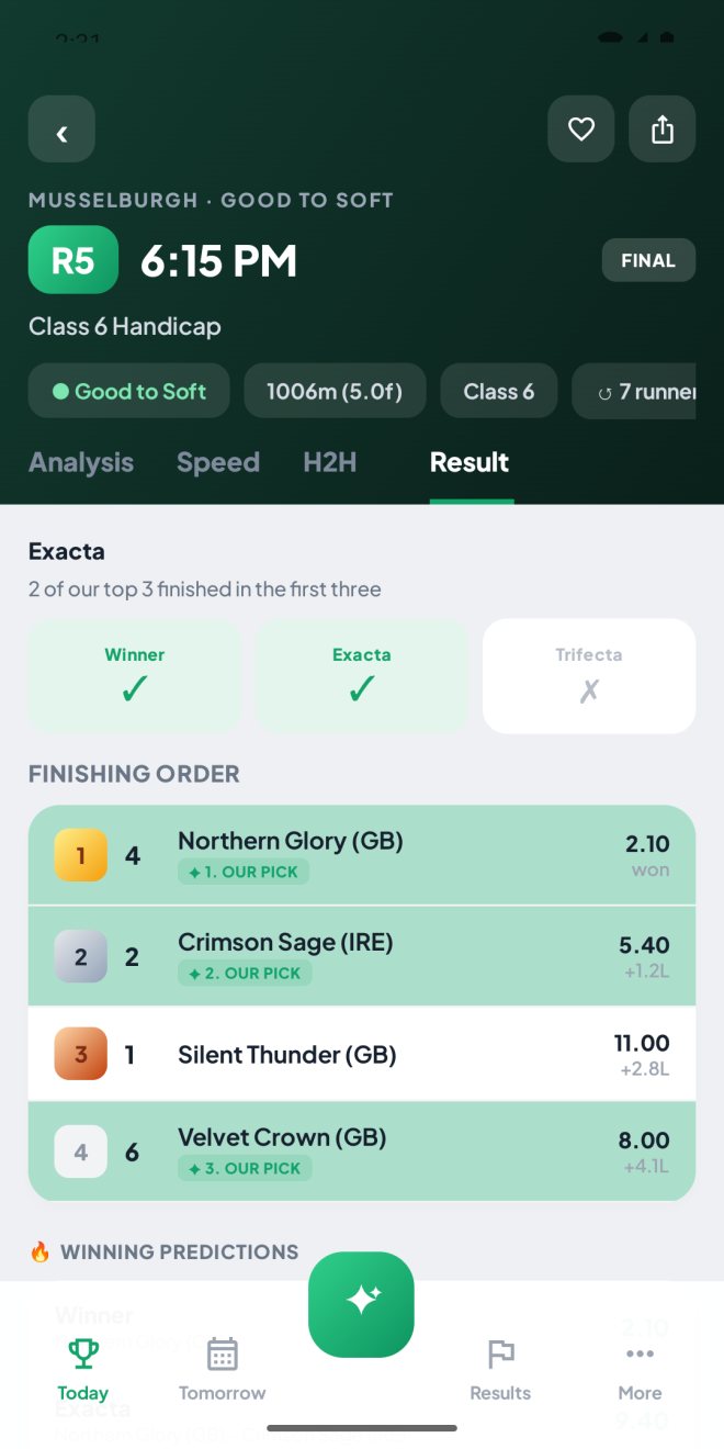 Gallopii app race detail, AI scores and signal analysis screen